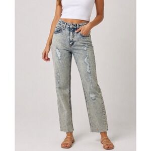 NWT Indigo Rein 9/28 Distressed Super High Rise‎ Straight Leg Jeans Acid Wash